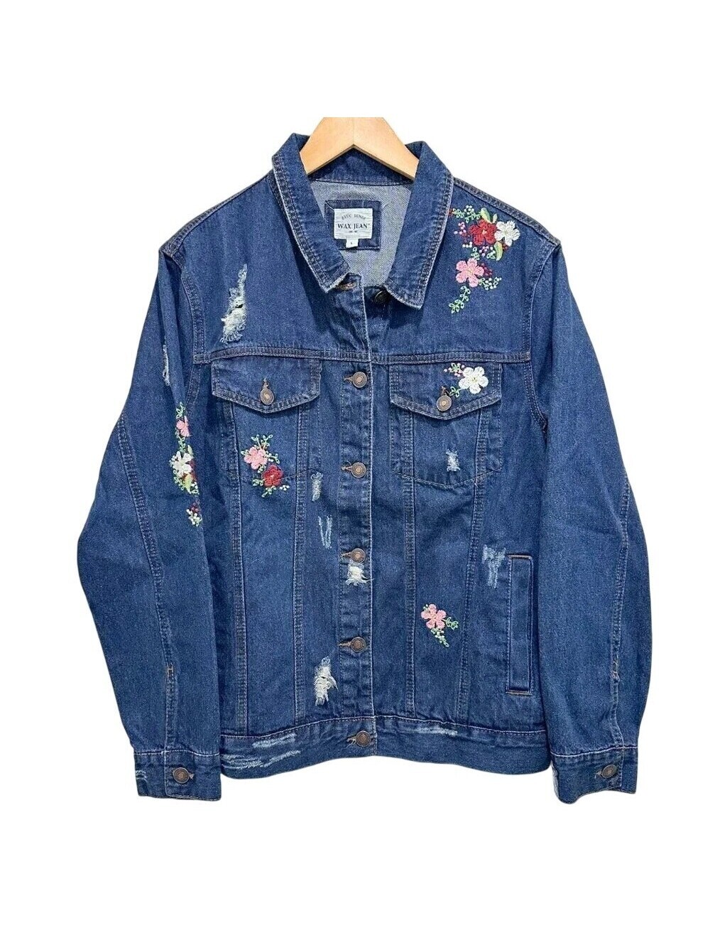 1251-Wax Jean Floral Embroidered Denim Jacket- Medium